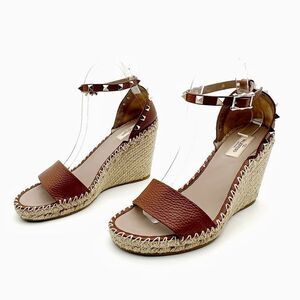 VALENTINO Brown Rockstud Espadrille Wedge Heels Size 40 Peep Sandal Ankle Strap